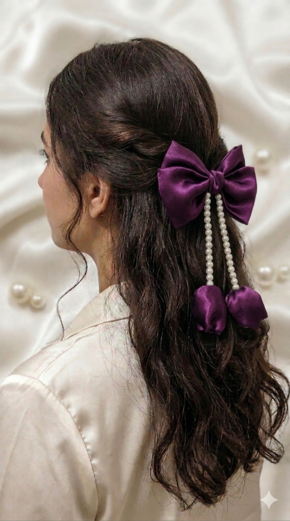 Deep Purple Satin Pearl Drop Bow