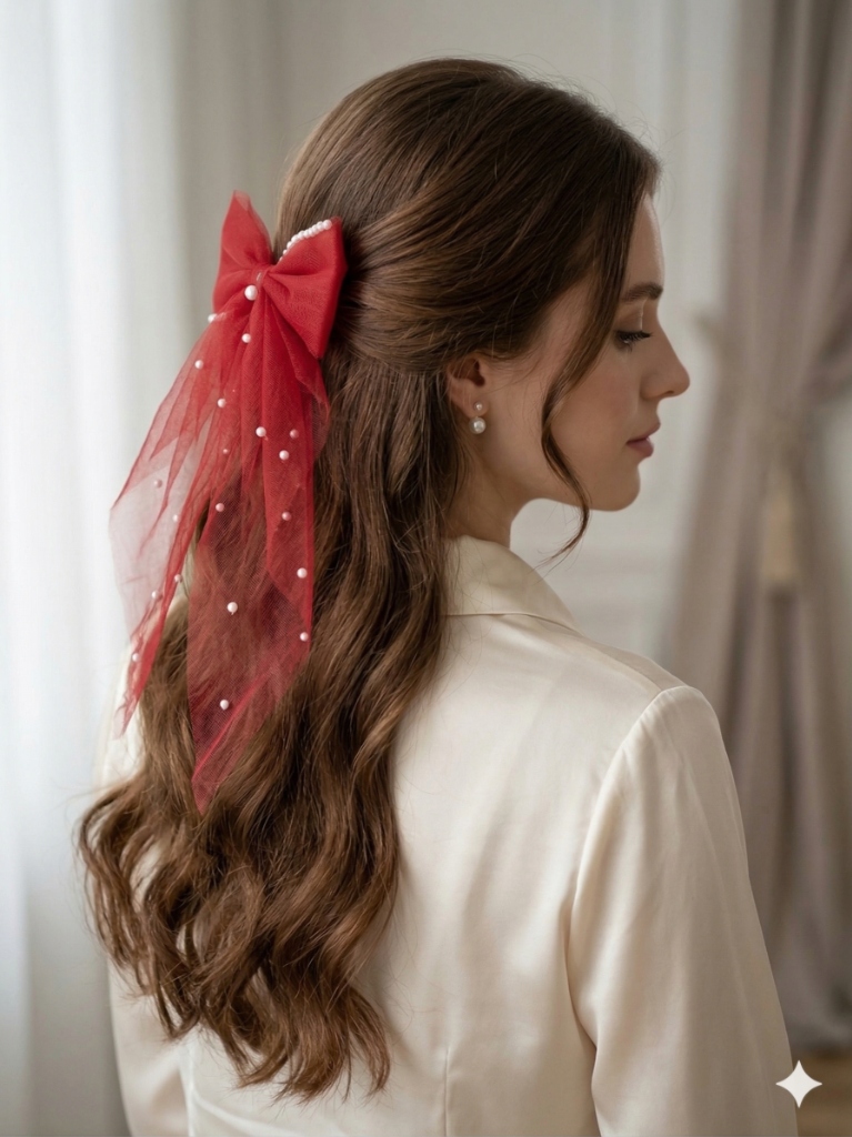 Classic Red Tulle Pearl Bow