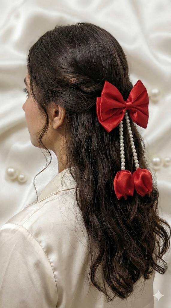Vibrant Red Satin Pearl Drop Bow