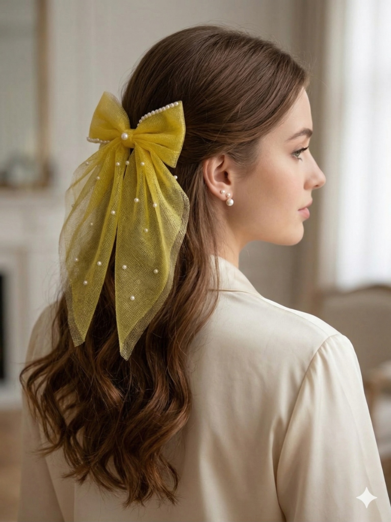 Sunshine Yellow Tulle Pearl Bow
