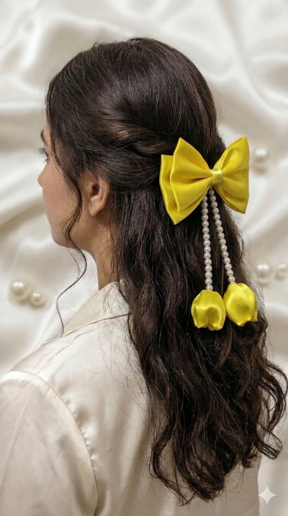 Golden Yellow Satin Pearl Drop Bow